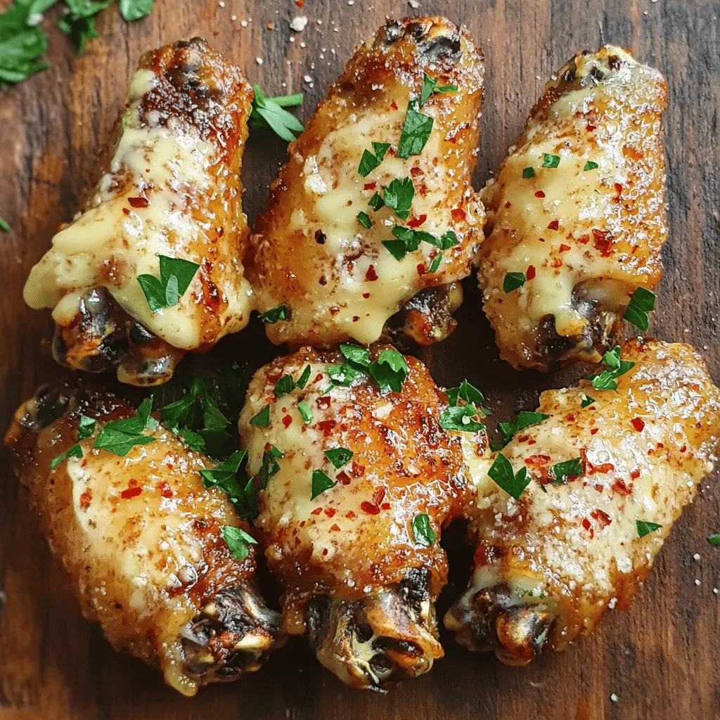 - 2 pounds chicken wings - 1 cup all-purpose flour - ½ cup unsalted butter, melted - 1 teaspoon garlic powder - 1 teaspoon onion powder - 1 cup freshly grated Parmesan cheese - 2 tablespoons fresh parsley, finely chopped - Red pepper flakes for extra heat When you make crispy garlic Parmesan wings, you start with fresh chicken wings. These wings will be the main star of your dish. You also need all-purpose flour to coat the wings. This flour gives them that crispy crunch we all love. Unsalted butter adds a rich flavor and helps the garlic stick to the wings. Next, we have our seasonings. Garlic powder and onion powder are key for that bold taste. Parmesan cheese brings a cheesy, savory touch that makes these wings irresistible. You can’t skip this ingredient! For some fun, think about adding fresh parsley. It adds a pop of color and freshness. If you want a kick, sprinkle some red pepper flakes on top. These optional add-ins let you customize your wings just how you like them.You can find it [here](insert-link). Let