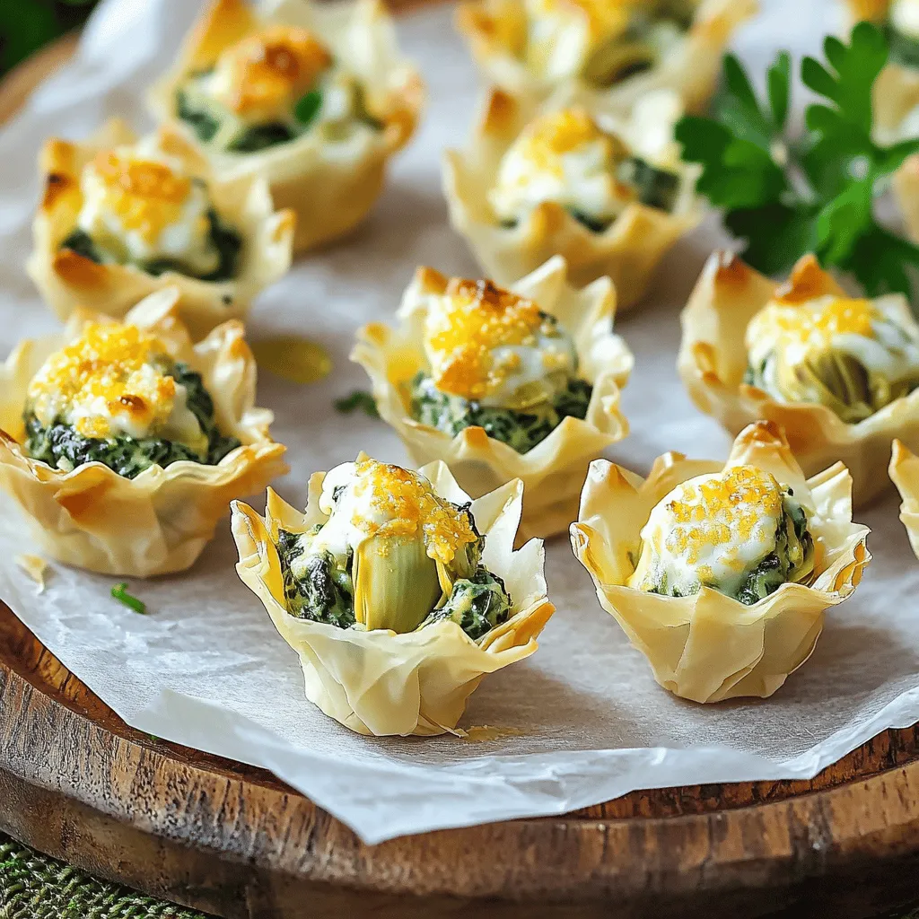 For Spinach Artichoke Dip Bites, you will need: - 1 cup fresh spinach, chopped - 1 cup artichoke hearts, drained and finely chopped - 1 cup cream cheese, softened to room temperature - ½ cup sour cream - ½ cup grated Parmesan cheese - 1 cup shredded mozzarella cheese - 2 cloves garlic, minced - 1 teaspoon lemon juice - Salt and freshly ground black pepper to taste - 1 package of mini phyllo pastry shells (15 count) - Olive oil for drizzling You can swap ingredients for different flavors. Use Greek yogurt instead of sour cream. It adds creaminess and tang. For a lighter option, try low-fat cream cheese. Canned artichokes work in place of fresh ones. If you want a vegan dip, use cashew cream or tofu. I trust a few brands for quality. For cream cheese, Philadelphia is a classic choice. For Parmesan, consider Grana Padano; it has great flavor. I like using Kraft for shredded mozzarella as it melts well. For phyllo pastry, look for Athens brand; it’s reliable and easy to find.1. Preheat your oven to 375°F (190°C). This step is key for a crisp finish. 2. In a large mixing bowl, mix together cream cheese, sour cream, and Parmesan cheese. Use a spatula or mixer to blend until smooth and creamy. 3. Next, fold in chopped spinach, artichoke hearts, minced garlic, and lemon juice. Add half of the shredded mozzarella cheese. Season with salt and pepper, mixing well. 4. Place mini phyllo pastry shells on a baking sheet. Space them evenly to help with baking. 5. Use a spoon or small scoop to fill each phyllo shell with the spinach and artichoke mixture. Make sure they are heaping but not overflowing. 6. Sprinkle remaining mozzarella cheese over each filled shell. This adds extra cheesy goodness. 7. Drizzle olive oil lightly over the filled shells. This helps them bake to a golden crisp. 8. Place the baking sheet in the oven. Bake for 15-20 minutes. Watch for the cheese to melt and the pastry to turn golden brown. 9. When done, take the bites out of the oven. Let them cool for a few minutes before serving. This helps them set slightly. - Use fresh spinach for the best taste. It adds a vibrant color and flavor. - Don’t skip the olive oil drizzle. It enhances the flavor and helps with browning. - Serve these bites on a rustic wooden platter for a beautiful display. Garnish with a sprig of parsley or some chopped spinach.You can prepare these bites ahead of time. Mix the filling and store it in the fridge. Fill the phyllo shells right before baking. This keeps them crisp and fresh. You can also bake them in advance. Just reheat them in the oven for a few minutes. This makes party prep easy and smooth. Serve the Spinach Artichoke Dip Bites warm for the best taste. Place them on a large platter. Add a small bowl of extra dip in the center. This makes it fun for guests to enjoy. You can also sprinkle some extra cheese on top before serving. It adds a nice touch and makes them look great. These bites pair well with many dips and drinks. A creamy ranch dip adds a nice twist. You can also offer a zesty marinara sauce for a different flavor. For drinks, try a crisp white wine or a refreshing sparkling water. This combination complements the cheese and spinach flavors.{{image_4}} You can keep these bites vegetarian by sticking to the basic recipe. The blend of spinach and artichokes gives a rich flavor. If you want more texture, try adding chopped bell peppers or mushrooms. These veggies add crunch without taking away from the main flavors. To make these bites gluten-free, switch the phyllo shells with gluten-free pastry cups. Many brands offer great gluten-free options. You can also make your own shells using almond flour or coconut flour. Just ensure your other ingredients, like cheese, are gluten-free too. Spice up your bites by adding crushed red pepper flakes or cayenne pepper. This gives a nice kick to the creamy mix. For a different taste, try adding fresh herbs. Chopped basil or dill work well and brighten the flavor. If you love heat, diced jalapeños or green chiles can add a zesty twist.After your party, store any leftover Spinach Artichoke Dip Bites in an airtight container. Keep them in the fridge for up to three days. If you want to keep them longer, freezing is a good option. To freeze, place the baked bites in a single layer on a baking sheet. Once frozen, transfer them to a freezer-safe bag. They can stay in the freezer for up to three months. Label the bag with the date for easy tracking. To reheat, preheat your oven to 350°F (175°C). Place the bites on a baking sheet. Bake for about 10-15 minutes or until warm and crispy. Avoid using the microwave, as it can make them soggy. Enjoy your delicious bites again! If you want a cream cheese swap, try using Greek yogurt. It adds a nice tang. You can also use ricotta cheese for a lighter texture. Another option is cottage cheese; just blend it until smooth. Each of these choices will change the taste slightly but will still be creamy. Yes, you can prepare these bites ahead of time. Make the filling and store it in the fridge for up to two days. You can fill the phyllo shells before baking or keep them separate. If you bake them first, let them cool and store in an airtight container. These bites last about three to four days in the fridge. Store them in an airtight container to keep them fresh. Reheat in the oven for best results. This way, they stay crispy and delicious!This blog post covered key points for making delicious Spinach Artichoke Dip Bites. We explored the best ingredients and helpful substitutions. I shared step-by-step instructions for preparation and baking, plus tips for perfecting your dish. We also discussed storage info and answers to common questions. With this guide, you can create tasty bites that impress. Enjoy experimenting with flavors and variations to make them your own.