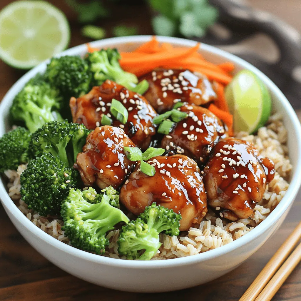 - 2 boneless, skinless chicken thighs, cut into bite-sized pieces - 1 cup brown rice, thoroughly rinsed - 2 cups water or chicken broth (for added flavor) - 1 tablespoon vegetable oil - 1 tablespoon sesame oil - 1 tablespoon fresh ginger, finely grated - 2 cloves garlic, minced - 1 cup broccoli florets, fresh or frozen - 1 medium carrot, peeled and julienned These main ingredients create a solid base for your teriyaki chicken bowls. The chicken provides protein, while the rice serves as a filling base. Fresh vegetables add color and nutrients. - 2 tablespoons soy sauce (low-sodium preferred for a healthier option) - 2 tablespoons honey or maple syrup (choose according to your preference) - 1 tablespoon rice vinegar - 1 tablespoon cornstarch mixed with 2 tablespoons water (to create a thickening slurry for the sauce) The teriyaki sauce is vital. It gives the dish its sweet and savory punch. Honey or maple syrup adds sweetness, while rice vinegar balances the flavors. You can use store-bought teriyaki sauce as a quick option. - 3 green onions, finely sliced - Toasted sesame seeds, for garnish Garnishes elevate your dish. Green onions add crunch and freshness. Sesame seeds bring a nutty flavor and a nice texture. These small touches make your bowl look and taste gourmet.To cook the rice, start by rinsing one cup of brown rice. This removes excess starch. In a medium saucepan, mix the rinsed rice with two cups of water or chicken broth. Bring this mixture to a boil over high heat. When it boils, lower the heat to a simmer, cover it, and let it cook for about 40-45 minutes. The rice is ready when all the liquid is gone, and it feels tender. Fluff it with a fork for a nice texture. While the rice cooks, heat one tablespoon of vegetable oil in a large skillet over medium-high heat. Cut two boneless, skinless chicken thighs into bite-sized pieces. Season them with a little salt and pepper. Place the chicken in the hot skillet. Cook it for 5-7 minutes, stirring often, until it is browned and fully cooked. Next, it’s time for the veggies! I recommend using broccoli florets and julienned carrots for crunch. Add these veggies to the skillet with the chicken along with one tablespoon of fresh grated ginger and two minced garlic cloves. Stir-fry everything together for about 3-4 minutes. The goal is to keep the vegetables tender but crisp. In a small bowl, whisk together two tablespoons of soy sauce, two tablespoons of honey or maple syrup, one tablespoon of rice vinegar, and a cornstarch slurry made with one tablespoon of cornstarch mixed with two tablespoons of water. Pour this sauce over the chicken and veggies in the skillet. Stir it well and let it simmer for 2-3 minutes. This thickens the sauce and lets it coat everything nicely. Once the rice is cooked and fluffed, it’s time to build your bowls. Start by dividing the rice into serving bowls. Create a nice base for the chicken and veggies. Spoon the teriyaki chicken mixture right on top of the rice. For a beautiful finish, sprinkle sliced green onions and toasted sesame seeds on each bowl. Serve with chopsticks and a slice of lime or lemon for a fresh touch. Enjoy your flavorful teriyaki chicken bowls! For making teriyaki chicken bowls, using the right tools helps a lot. I recommend a large skillet or a wok. These tools allow you to stir-fry the chicken and veggies evenly. A sturdy spatula is also key for mixing. When sautéing, start with medium-high heat. This keeps your chicken juicy and gives it a nice brown color. If you cook on too high heat, the chicken may burn before it cooks through. On the other hand, low heat can make it tough and dry. To boost flavor, consider adding spices or marinades. A pinch of crushed red pepper can add some heat. You can also try a splash of coconut aminos for a deeper taste. Marinating the chicken in the teriyaki sauce for an hour can make a big difference too. Pair your bowls with sides like pickled vegetables or edamame. These will add freshness and crunch. You can also serve it with a light salad or miso soup for a complete meal. One common mistake is overcooking the chicken or rice. Overcooked chicken can become dry and rubbery. Rice cooked for too long can turn mushy and lose its texture. Always check for doneness and taste as you go. Another mistake is not balancing flavors. If your teriyaki sauce is too sweet, add a splash of soy sauce for saltiness. If it’s too salty, a bit of honey can balance it out. Taste your dish before serving; it makes a world of difference. {{image_4}} You can swap chicken for other proteins. Try tofu for a vegetarian meal. Tofu absorbs flavors well and adds a nice texture. For beef lovers, use thin strips of beef. Cook it just like chicken. Each protein brings its own taste. If you want a change from rice, consider quinoa. Quinoa is high in protein and cooks fast. Use the same water ratio as rice. You can also try cauliflower rice for a low-carb option. Sauté it briefly with a little oil for flavor. Adjust cooking time based on the rice alternative you choose. Mix up your vegetables based on what’s in season. Use bell peppers, snap peas, or zucchini for a fresh twist. You can either fry or steam them. Frying gives a nice crunch, while steaming keeps them tender. Experiment to find what you enjoy most! To keep your teriyaki chicken bowls fresh, use airtight containers. Glass or plastic containers work well. Before sealing, cool the food to room temperature. This step helps prevent condensation. For the best taste and texture, I recommend using the stovetop. Heat a skillet over medium heat and add a splash of water or broth. Stir the chicken and rice until warmed through. If you use the microwave, cover the bowl with a damp paper towel. Heat for 1-2 minutes, stirring halfway through. To freeze, let the chicken and rice cool completely. Then, portion them into freezer-safe bags or containers. Try to remove excess air to avoid freezer burn. When ready to eat, thaw in the fridge overnight. For a quick option, use the microwave on defrost mode. You can use chicken breast or even pork tenderloin. If you choose chicken breast, cut it into bite-sized pieces. Cook it for about 6-8 minutes until golden. For pork, slice it thinly and sauté it for 5-7 minutes. Both options will still taste great in your teriyaki bowl. Yes! You can swap chicken for tofu or tempeh. Firm tofu works best. Press it to remove water, then cube it. Sauté it until golden brown, around 5-7 minutes. You can also use mushrooms or chickpeas for added protein. Pair with a soy sauce or a vegan teriyaki sauce for flavor. To make gluten-free teriyaki, use tamari instead of soy sauce. Tamari has a similar taste. Make sure to check labels for other ingredients like rice vinegar and cornstarch. Most brands are gluten-free, but it