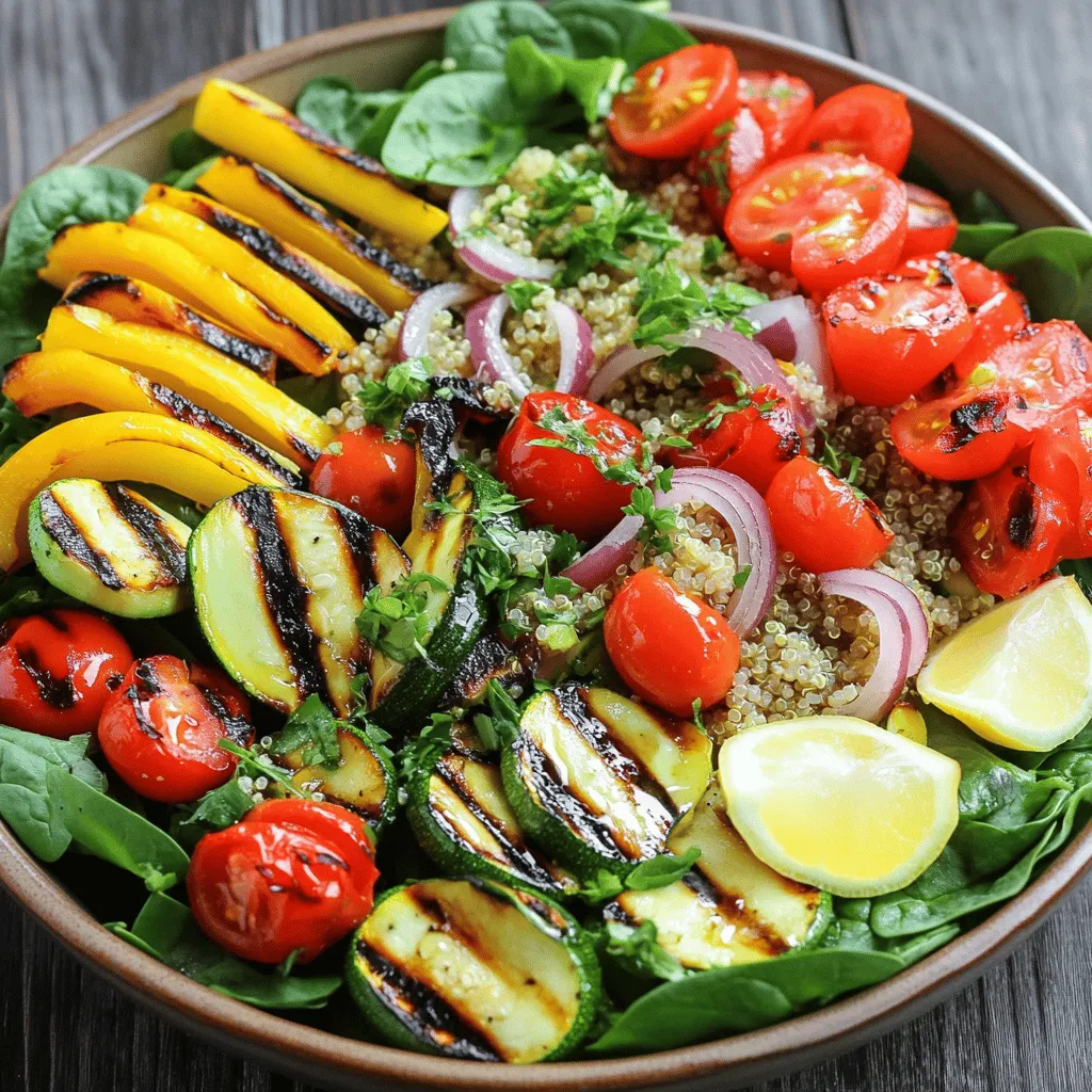 - 1 cup quinoa, rinsed thoroughly - 2 cups vegetable broth or water - Selection of grilled vegetables (zucchini, bell peppers, cherry tomatoes, red onion) To make this salad, I focus on fresh ingredients. Quinoa is a protein-rich grain that serves as a great base. The vegetables add color and flavor. I love using zucchini, bell peppers, cherry tomatoes, and red onion because they grill beautifully. You can even mix in your favorite seasonal veggies for added variety. - Olive oil, garlic powder, smoked paprika - Fresh herbs, lemon juice, salt, and pepper Seasoning is key to making this salad pop. I drizzle olive oil over the vegetables to help them grill nicely. Garlic powder and smoked paprika add depth. Finally, I finish with fresh herbs and a squeeze of lemon juice. This combo brings out the best in every bite. - Spinach or arugula - Optional toppings (feta cheese, toasted nuts) For extra flavor, I often toss in chopped spinach or arugula. They add a nice crunch and freshness. If you want to take it up a notch, consider adding crumbled feta cheese or toasted nuts. They both add a rich taste and a delightful texture.Start by rinsing your quinoa under cold water. This helps remove any bitter taste. Next, in a medium saucepan, combine the rinsed quinoa with 2 cups of vegetable broth or water. Bring it to a boil over medium heat. Once boiling, lower the heat, cover, and let it simmer. Cook for about 15 minutes until the quinoa is fluffy. All the liquid should be absorbed. After cooking, let it sit for 5 minutes. Then, fluff the quinoa gently with a fork. While the quinoa cooks, get ready to prepare your vegetables. Take a large mixing bowl and add sliced zucchini, red bell pepper, yellow bell pepper, halved cherry tomatoes, and red onion. Drizzle 2 tablespoons of olive oil over the veggies. Then, sprinkle garlic powder, smoked paprika, salt, and pepper on top. Toss the vegetables well to ensure every piece is evenly coated. This step is key for great flavor. Now it