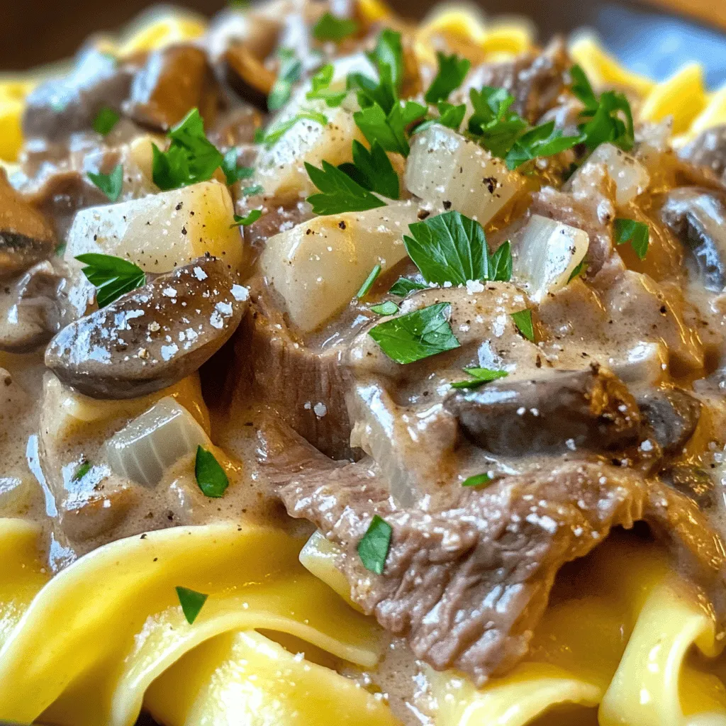 To make a classic beef stroganoff, gather these simple ingredients: - 1 lb (450g) beef sirloin, cut into thin strips - 1 medium onion, finely diced - 2 cloves garlic, minced - 8 oz (225g) fresh mushrooms, sliced (preferably cremini or button) - 2 tablespoons olive oil - 2 tablespoons unsalted butter - 2 tablespoons all-purpose flour - 2 cups beef broth (preferably low-sodium) - 1 cup sour cream (preferably full-fat for creaminess) - 1 tablespoon Dijon mustard - Salt and pepper to taste - Fresh parsley, chopped (for garnish) - Egg noodles or white rice (for serving) You can make beef stroganoff your own with a few easy swaps. If you