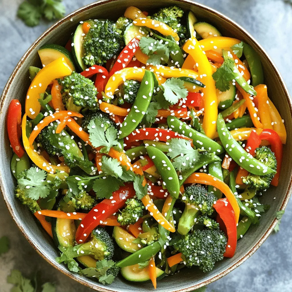 - Assorted bell peppers - Fresh broccoli florets - Sugar snap peas - Carrot (julienned) - Zucchini - Soy sauce (or tamari) - Sesame oil - Fresh ginger - Garlic - Cornstarch (optional) - Sesame seeds - Salt and pepper - Optional: Fresh herbs like cilantro Gather these ingredients before you start. Fresh vegetables bring great taste and color to your dish. Assorted bell peppers add sweetness, while broccoli gives a nice crunch. Sugar snap peas offer a pop of freshness. Julienned carrots provide color and sweetness, and zucchini adds texture. For flavors, use soy sauce or tamari. Sesame oil gives a nutty taste that enhances the dish. Fresh ginger and garlic add warmth and depth. If you want a thicker sauce, mix cornstarch with water. Finally, garnishes like sesame seeds and herbs will make your stir fry look fancy. Salt and pepper will balance all the flavors.Start by washing all your vegetables thoroughly. Use cold water to remove any dirt. Slice the bell peppers into strips. Cut the broccoli into bite-sized florets. Trim the ends of the snap peas. Julienning the carrot means cutting it into thin matchsticks. Slice the zucchini into half-moons. Make sure all pieces are uniform in size. This ensures even cooking and a nice look. In a large skillet or wok, add sesame oil. Heat it over medium-high heat until the oil shimmers. This will give your stir-fry a lovely nutty flavor. If the oil gets too hot, it can smoke and taste bitter. You want it hot, but not smoking. Now, add minced garlic and ginger to the hot oil. Stir-fry them for about 30 seconds. You want them to become fragrant but not brown. Over-browning can give a bitter taste to the dish. Stir quickly to keep them from burning. Add the sliced bell peppers, broccoli florets, snap peas, julienned carrots, and sliced zucchini. Stir-fry for about 5-7 minutes. Keep stirring continuously. This helps the vegetables stay tender but crisp. Don’t overcrowd the pan; work in batches if needed. Drizzle soy sauce over the vegetables. Add salt and freshly cracked black pepper to taste. For a thicker sauce, use the cornstarch mixture. Mix the cornstarch with water before adding it. Stir constantly until everything blends well. If you used the cornstarch mix, cook it for an extra 1-2 minutes. Stir regularly until the sauce thickens and coats the vegetables nicely. This makes your dish look and taste great. Serve it right away for the best flavor. Enjoy your quick and easy vegetable stir fry! For a tasty stir-fry, use fresh, seasonal veggies. Seasonal vegetables have more flavor and nutrients. Think about using bell peppers, broccoli, and snap peas in spring. In summer, zucchini and carrots shine. Don