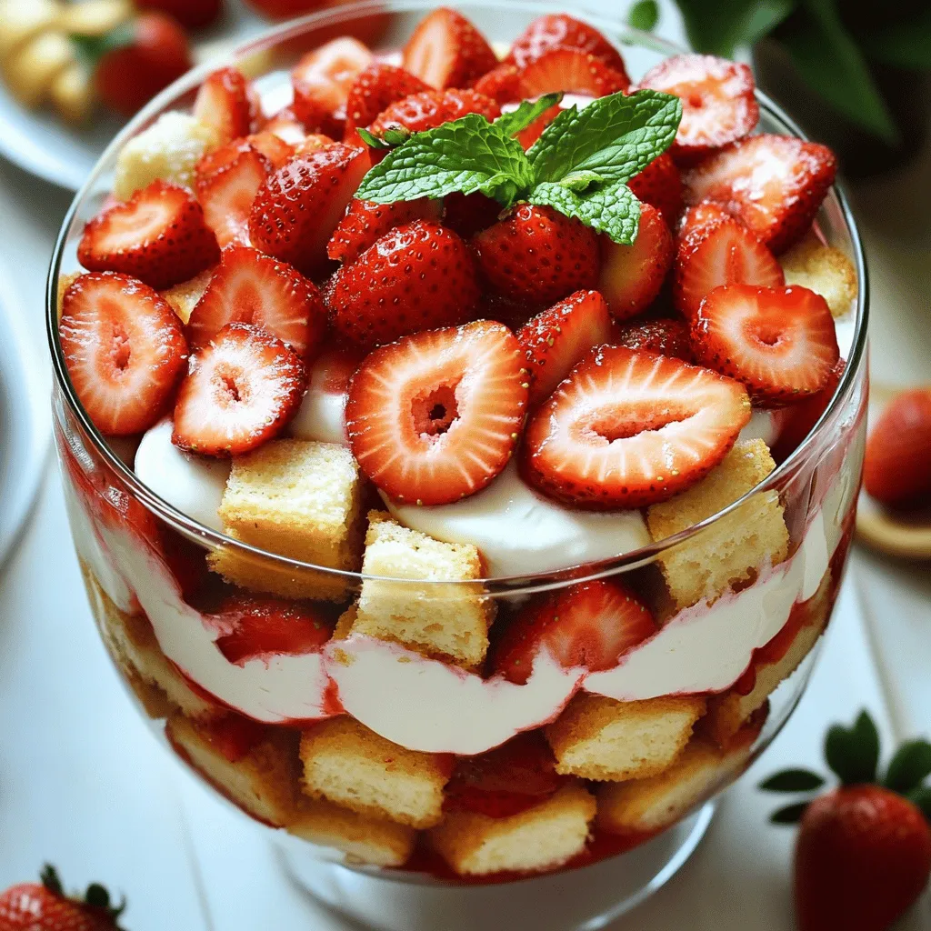 - 1 pound fresh strawberries, hulled and thinly sliced - 1 pound angel food cake, cut into bite-sized cubes - 2 cups heavy whipping cream - 1/4 cup granulated sugar (for macerating strawberries) - 1/2 cup powdered sugar - 1 teaspoon pure vanilla extract - 1/2 cup vanilla yogurt - Fresh mint leaves for garnish (optional) In this delightful recipe, fresh strawberries take center stage. Their bright flavor perfectly complements the light angel food cake. You want to slice the strawberries thinly for even layering. The heavy whipping cream adds a rich creaminess that balances the sweetness of the dish. To elevate the natural taste of the strawberries, you will macerate them. This means you sprinkle them with granulated sugar and let them sit. This step draws out the juices and enhances their flavor. For the whipped cream, use heavy whipping cream. This will give you the best texture. Adding powdered sugar and vanilla extract brings sweetness and depth to the cream. Lastly, you can add vanilla yogurt for a tangy twist. Mint leaves can add a pop of color and freshness as a garnish. This blend of ingredients makes every bite of the Strawberry Shortcake Trifle a joyful experience.To macerate strawberries, start by slicing them thin. Place the strawberries in a bowl, then add granulated sugar. Toss the berries gently to coat them in sugar. This step helps the strawberries release their juices. Let them sit for about 20 minutes. This waiting time is key. The sugar draws out the sweet juice, making them even tastier. Next, we need to make whipped cream. Pour heavy whipping cream into a large bowl. Mix it with an electric mixer on medium speed. As it thickens, slowly add powdered sugar and vanilla. Keep whipping until you see soft peaks. This process usually takes around 3 to 5 minutes. The right texture is fluffy but not too stiff. Now it’s time to layer the trifle! Start with a layer of angel food cake cubes at the bottom. Make sure the layer is even across the base. Next, add a layer of the macerated strawberries, including their juices. Follow with a layer of whipped cream, spreading it evenly. Repeat these layers until you reach the top. Finish with a layer of whipped cream for a nice touch. If you want to make it look pretty, arrange some strawberry slices on top. This adds color and style. Don’t forget to chill the trifle for at least 1 hour before serving. This allows the flavors to mix and the cake to soak up the juices.To get great whipped cream, avoid over-mixing. This can turn your cream to butter. Instead, whip until soft peaks form. You can test this by lifting the whisk. The cream should hold its shape but still be smooth. If it looks grainy, you mixed too long. For parties, I love using clear cups. They show off those pretty layers. You can also create a large trifle in a glass dish. This makes a great centerpiece. If you want individual servings, fill small cups or jars. This makes for easy eating and cleanup. Want to make your trifle even tastier? Try adding lemon or lime zest. This brightens the flavor and adds a nice twist. You can also use different sweeteners like honey or maple syrup. These add unique flavors and can suit different diets. {{image_4}} You can swap strawberries for many fruits. Ripe peaches or sweet blueberries work great. You can even use tart raspberries for a fun twist. Seasonal fruits like cherries or mangoes add flavor and color. Use what you find fresh at your market. This keeps your trifle exciting and tasty. If you want a change from angel food cake, try pound cake. It gives a rich flavor and a denser texture. Brownies also work well for a chocolate twist. For gluten-free options, use almond flour cake or gluten-free brownies. These options let everyone enjoy the trifle without missing out. To give your trifle a grown-up touch, add some liqueurs. A splash of amaretto or orange liqueur brightens the flavors. You can also try flavored yogurts like key lime or coconut. This adds a unique taste and makes your trifle stand out. Each variation opens new doors for flavor exploration.To keep your trifle fresh, store any leftovers in the fridge. Use an airtight container. This helps to keep the layers intact and prevents sogginess. Avoid covering the trifle directly with plastic wrap, as it may stick to the cream. Instead, place a layer of parchment paper between the trifle and the wrap. Chilling the trifle is key to great flavor. It allows the cake to soak up the strawberry juices. Aim for at least one hour of chilling time. If stored properly, your trifle will stay good in the refrigerator for up to three days. However, it’s best enjoyed within the first day or two for optimal taste and texture. While freezing is possible, it’s best to freeze the layers separately. Cream does not freeze well, so store the cake and strawberries in separate containers. When ready to serve, thaw the cake and strawberries in the fridge overnight. Then layer them again with fresh whipped cream for the best taste. Yes, you can make this trifle ahead of time. I suggest preparing it no more than a day in advance. This time frame keeps the cake fresh and the flavors bright. If you make it too early, the cake may soak up too much juice and become soggy. To transport a trifle safely, cover the dish with plastic wrap. If you have a lid, use that instead. Place it in a sturdy box or cooler to keep it from tipping. You can also use individual cups for easy serving at gatherings. To keep the cake from becoming soggy, do not mix the cake with the strawberries right away. Layer the cake and strawberries just before serving. You can also use a thicker layer of whipped cream to act as a barrier between the cake and juices. To make a great strawberry shortcake trifle, you need fresh strawberries, angel food cake, and whipped cream. Add sweeteners like granulated sugar and vanilla for flavor. Layer these ingredients and use tips from our guide for beautiful results. You can also explore variations with different fruits and cakes. In conclusion, this trifle is simple to make and perfect for any occasion. Enjoy this delicious dessert with family and friends. Don